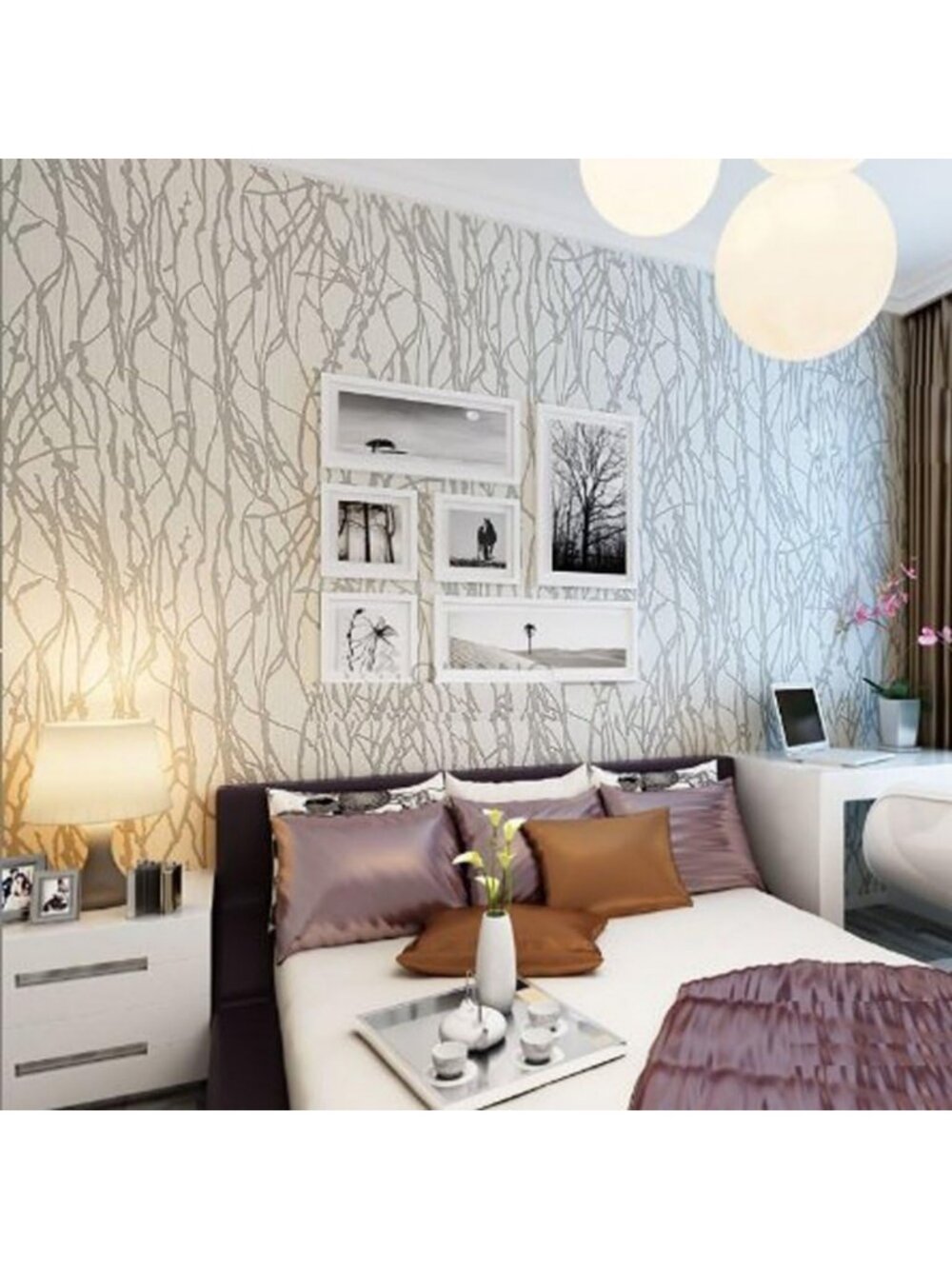 Stylish Cream Gray Curve Striped Tree Patterns Non-Pasted Wallpaper Roll